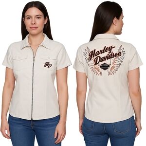 HARLEY DAVIDSON White Short Sleeve Shirt Womens Large Zip Front Embroidered Wing